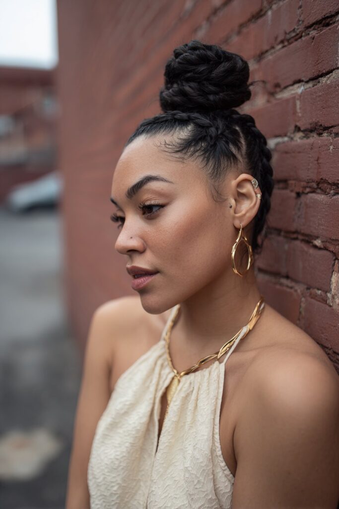Portrait of American model with high braided bun hairstyle and styled baby hairs against urban brick wall background.