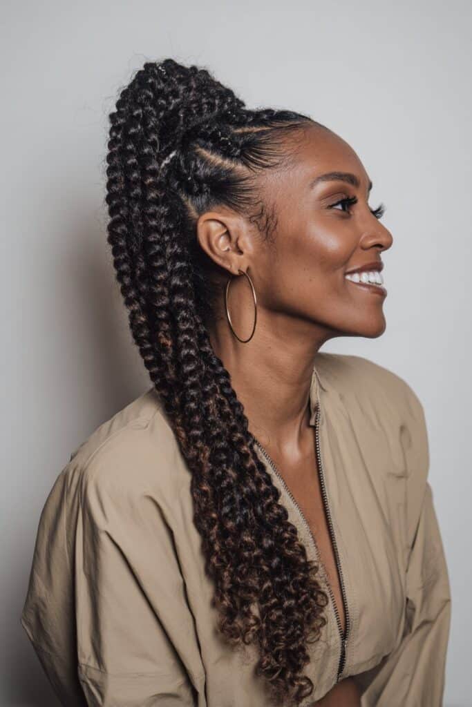 Stylish portrait of American Black woman with thick braided ponytail ending in soft curls against white backdrop.