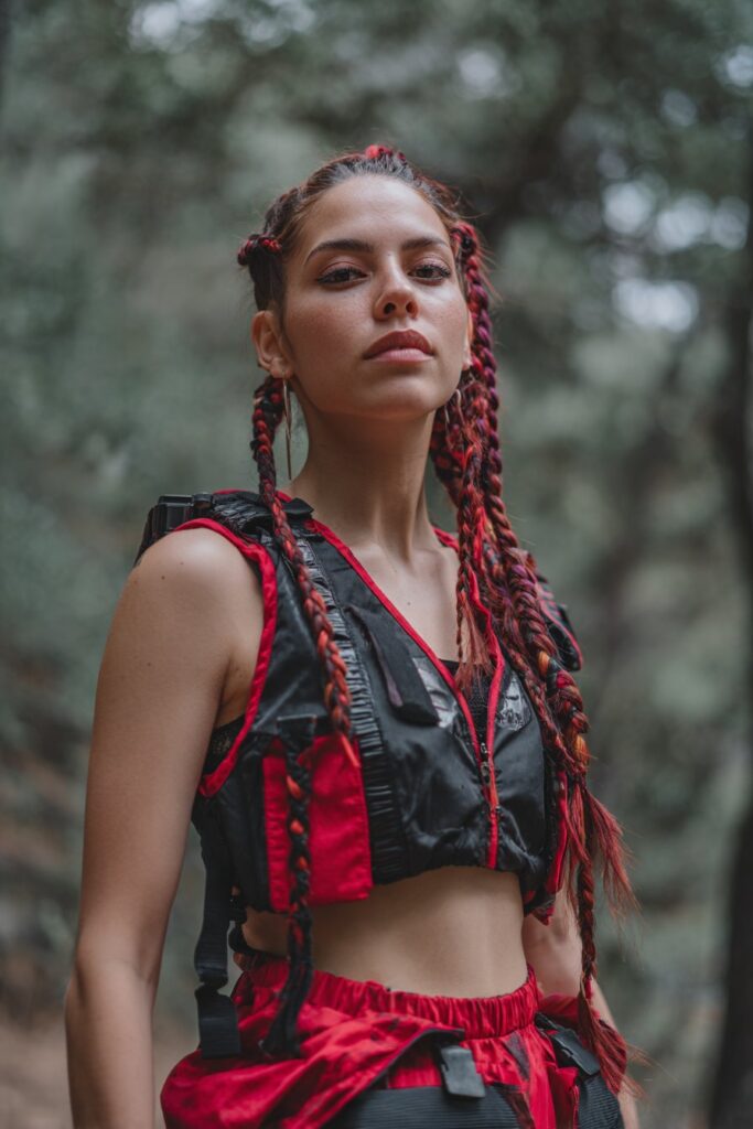 American woman with bold red and black braided mohawk, statement rocker outfit in defiant pose against forest backdrop.