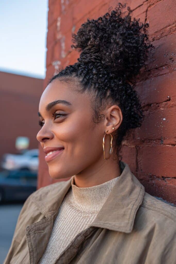 Black woman with curly crochet hair in braided top knot, gold hoops, confident smile, brick backdrop.