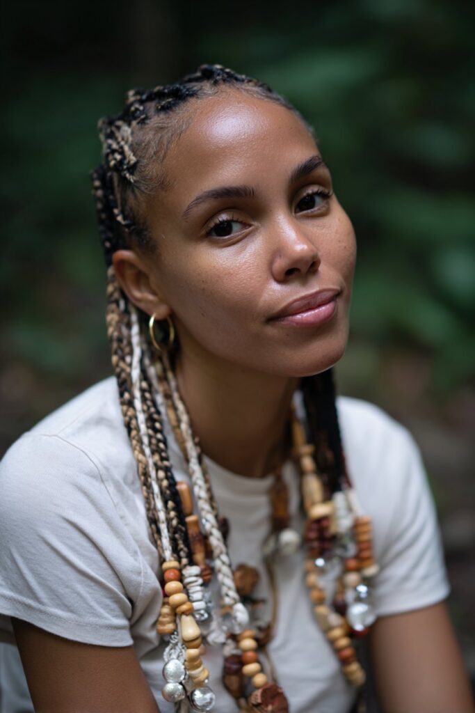 Outdoor portrait of American model with medium braids adorned with beads in Afro-boho style against forest backdrop.