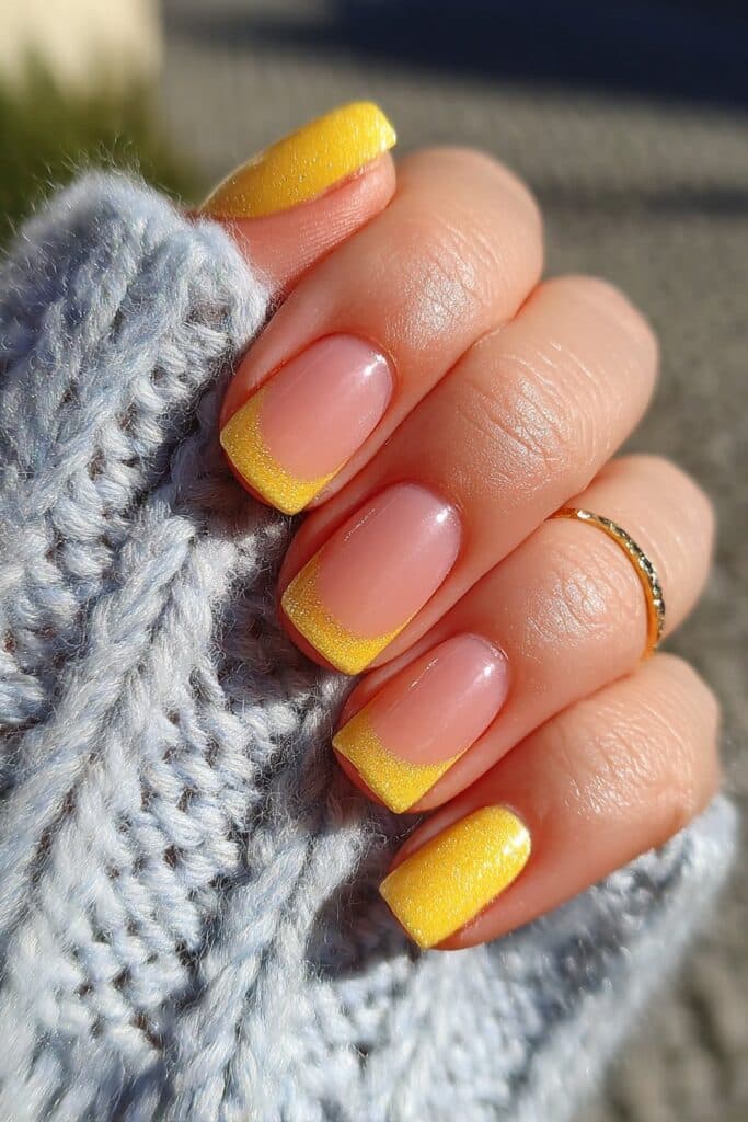 Long summer nails in rich burnt orange base coated with shimmering glitter for warm and festive glow.