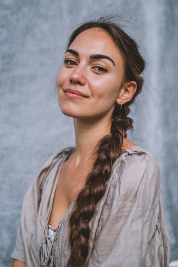 Chic portrait of American woman with butterfly braid flowing into low ponytail wearing elegant outfit against gray fabric.