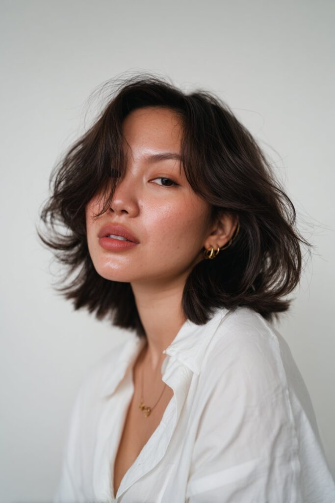 American model with butterfly haircut on fine hair, subtle layers, minimal makeup, soft lighting against seamless white.