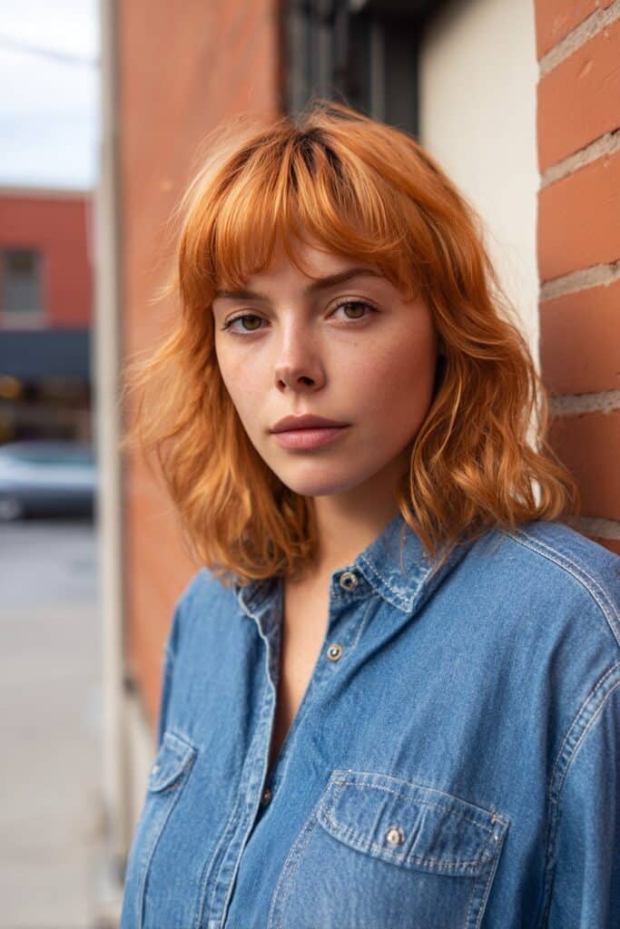 American model with butterfly haircut, auburn highlights, neutral makeup, soft denim shirt against urban brick wall backdrop.