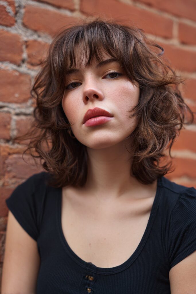 American woman with voluminous butterfly haircut, Bardot bangs, retro-inspired flow, tousled texture, matte lips, brick background.