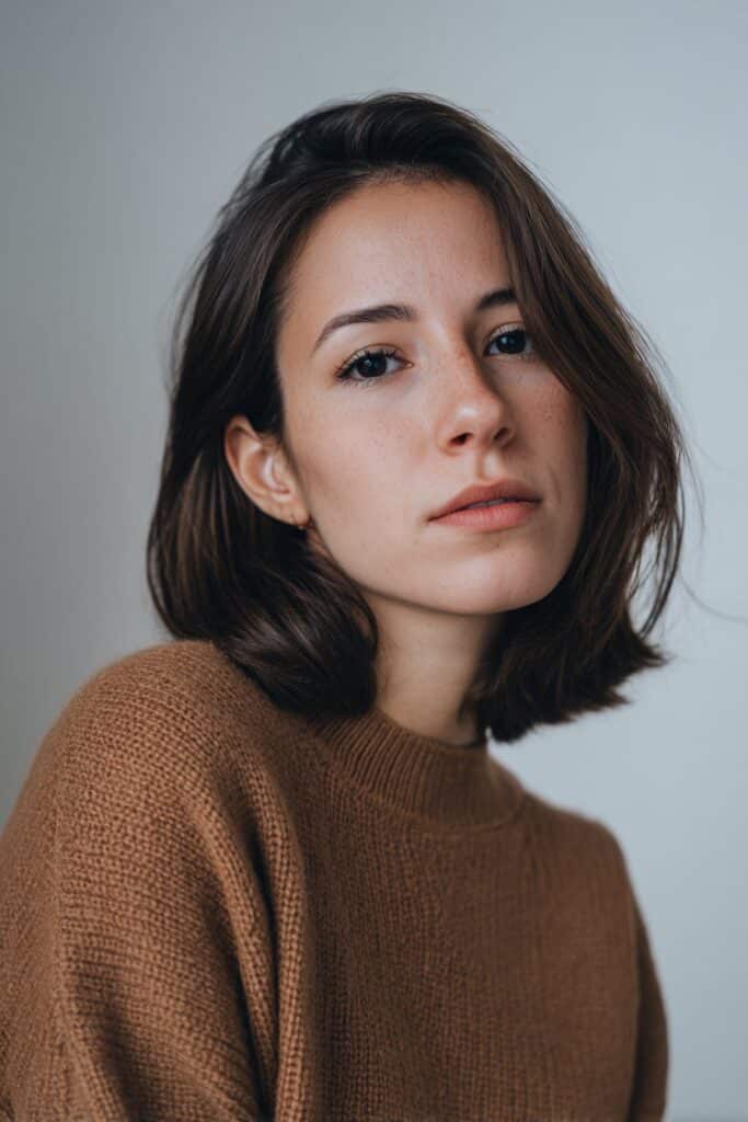 Professional portrait of American woman with shoulder-length butterfly haircut, brown hair, cozy sweater, natural makeup, white background.