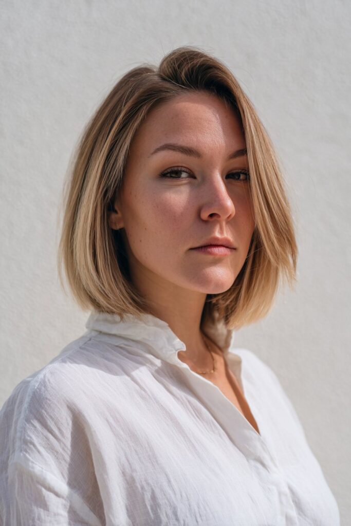 American woman with layered butterfly cut, jaw-length curtain bangs, structured shape, warm lighting, modern blouse, white backdrop.