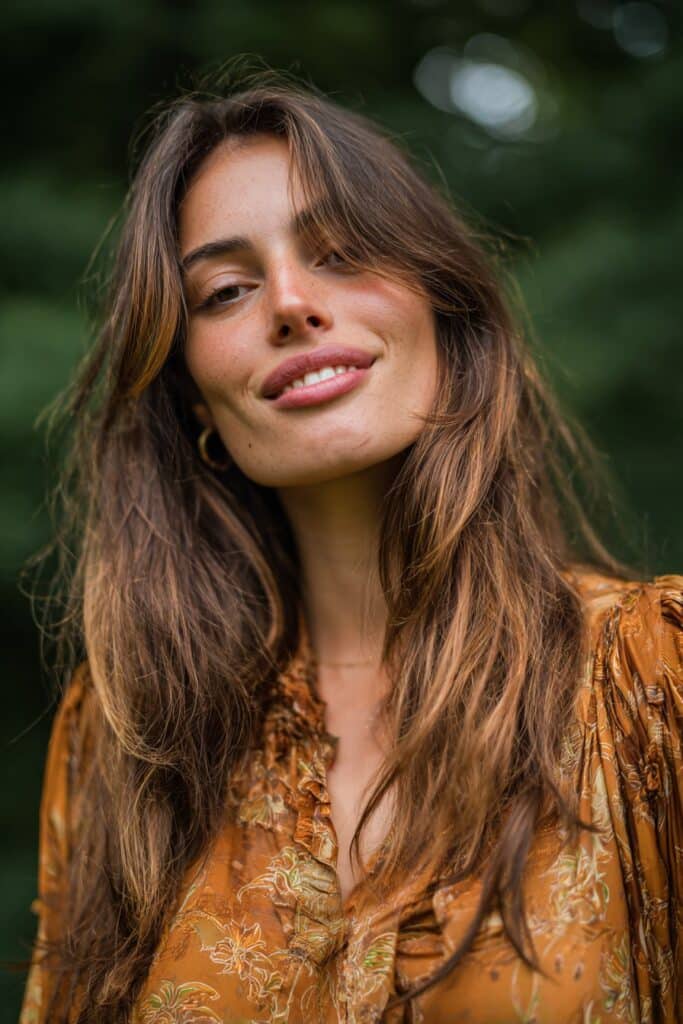 American woman with butterfly layers, money piece highlights, long curtain bangs, golden brunette tones, forest background.