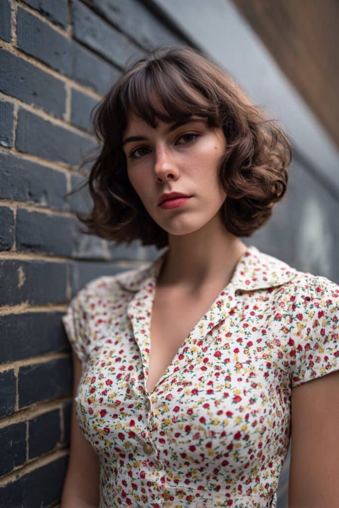 American model with retro butterfly cut, voluminous flicks, vintage blouse, glamorous expression against urban brick wall.