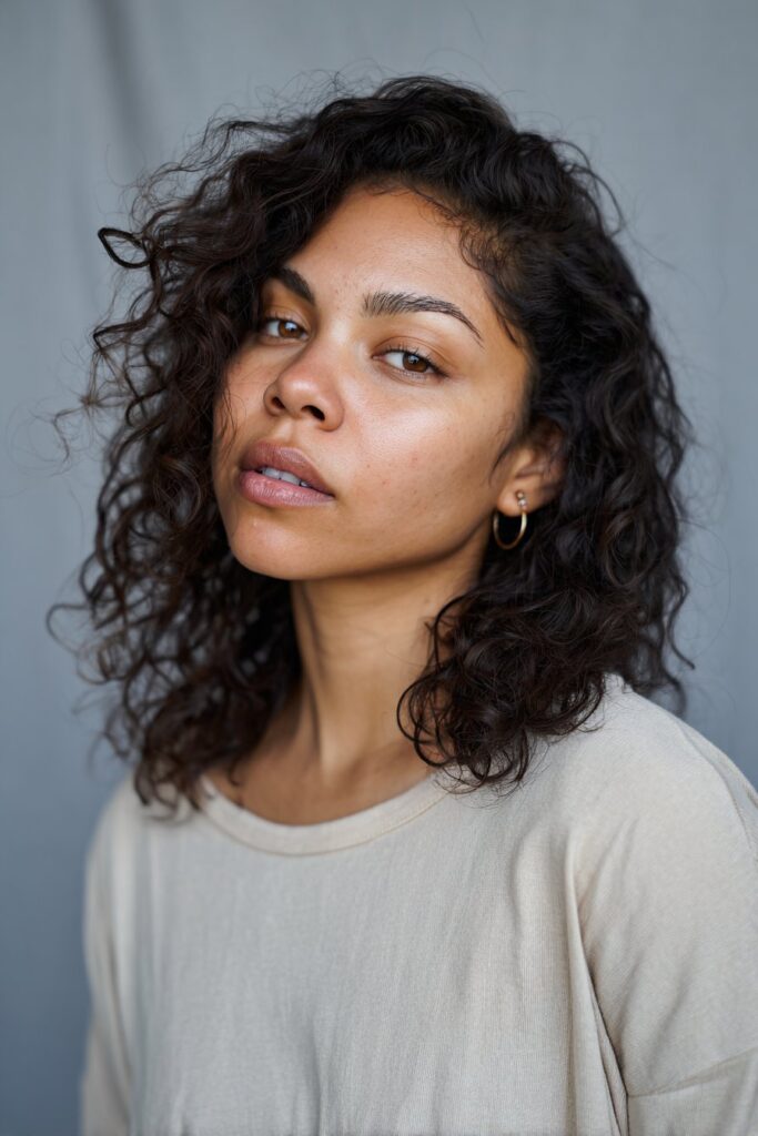 Portrait of Black American female model with round face and naturally curly butterfly haircut against gray backdrop.