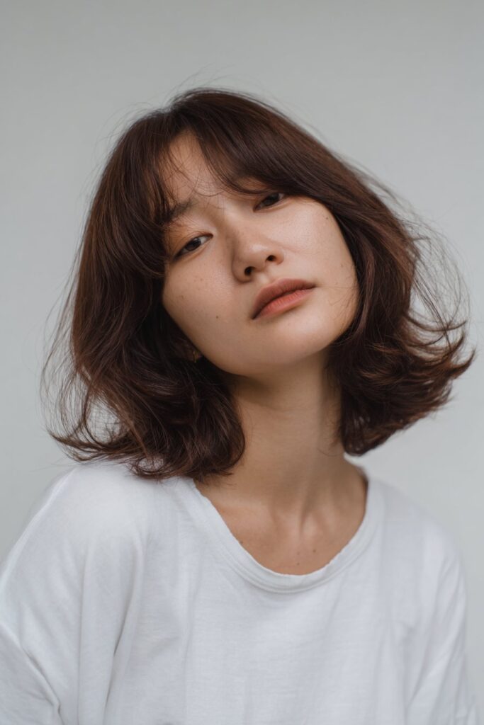 American model with butterfly haircut, soft bangs, face-framing layers, gentle volume, side-swept fringe, seamless white backdrop.