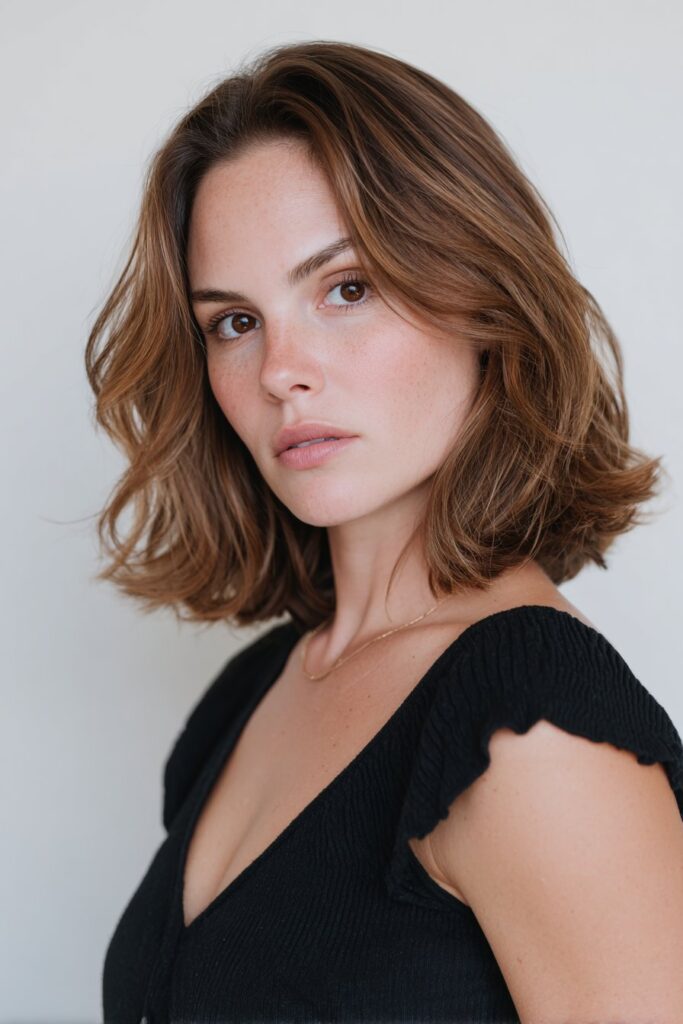 American model with butterfly haircut, distinct face-framing layers, natural makeup, warm expression against seamless white background.