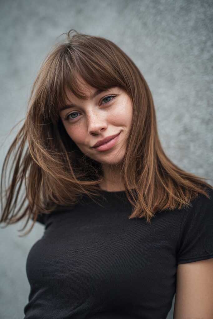 American model with feathered butterfly haircut, long fringe, movement-rich texture, neutral top, friendly expression, gray backdrop.