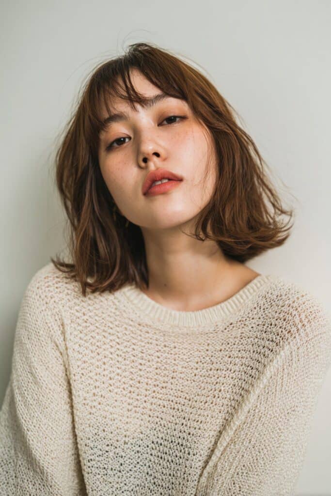 Portrait of American female model with round face, butterfly haircut, and fringe bangs against white backdrop.