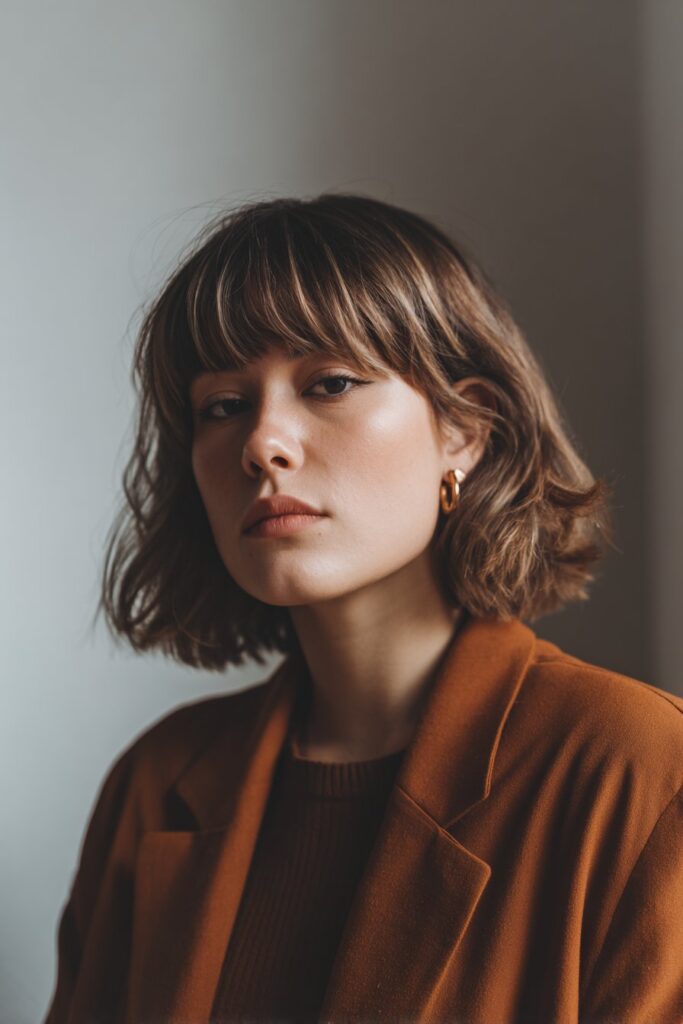 American model with butterfly haircut, shadow balayage color, dark-to-light transition, curtain bangs, stylish outfit, plaster backdrop.