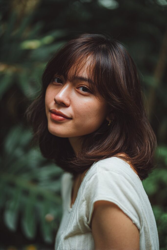 American model with butterfly haircut, deep side part, glossy finish, soft smile, elegant styling against natural forest.