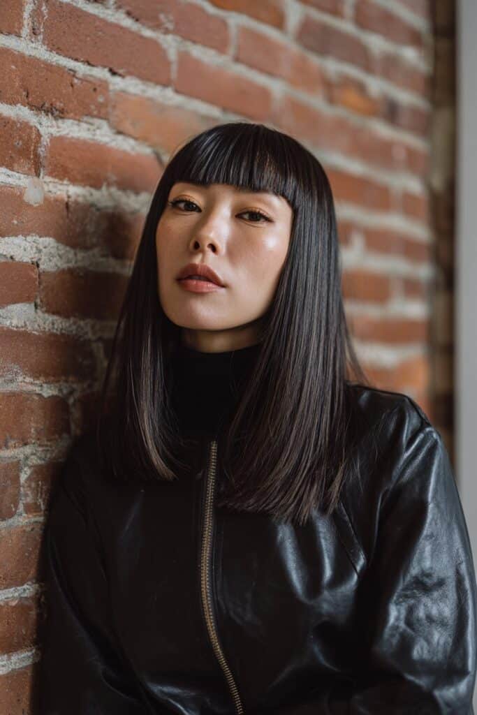 American model with sleek butterfly haircut, full straight bangs, smooth polished layers, minimalistic outfit, brick wall background.