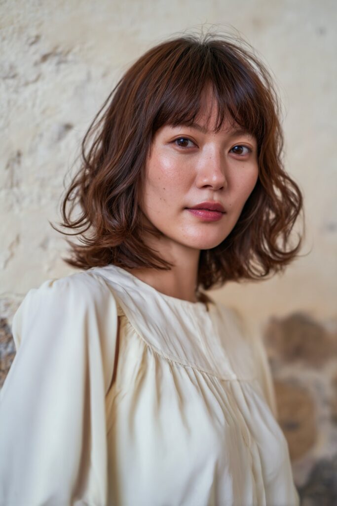 American model with butterfly haircut, wispy bangs, cream blouse, gentle makeup, professional lighting against textured plaster background.