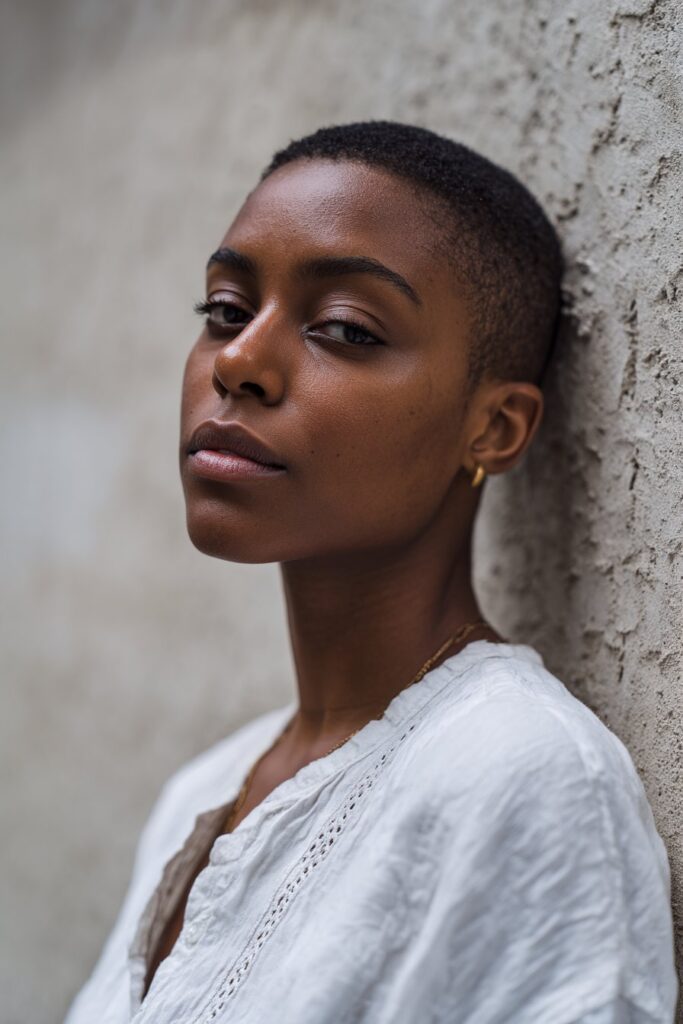 Minimalist portrait of confident Black woman with buzzed pixie cut, low fade, bold beauty against textured plaster background.