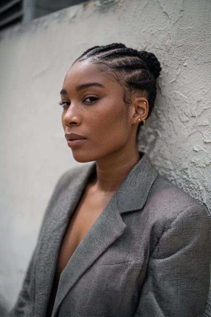 Professional portrait of American woman with center-parted braided style leading to sleek low ponytail against textured plaster backdrop.