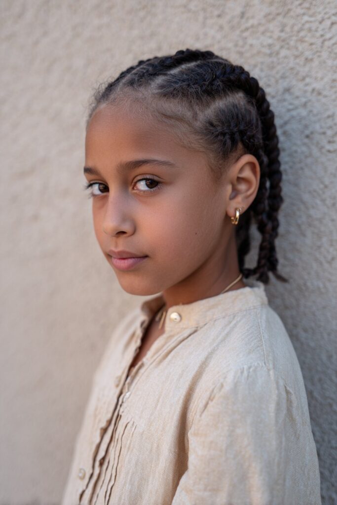 American kid with symmetrical center-parted cornrows, minimalist style, small earrings, soft lighting against textured plaster backdrop.