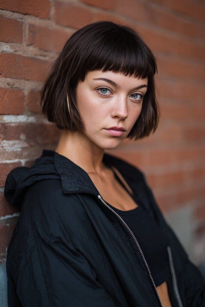 American woman with edgy short modern mullet shag and blunt bangs, cool urban style, minimal makeup against brick wall.