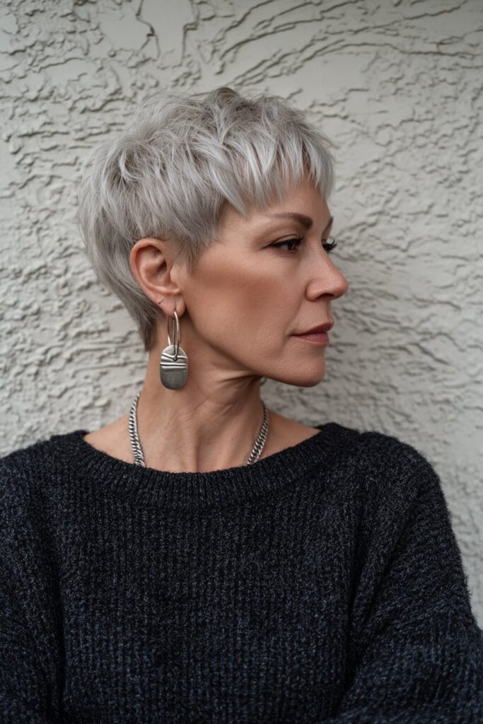 Edgy older American woman with short textured layers, bold choppy bangs, cool modern vibe, dark sweater, textured backdrop.