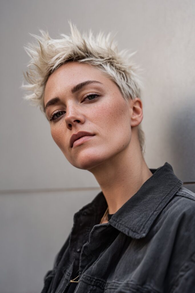 Confident American woman with messy spiky haircut in dark casual clothing photographed against soft gray fabric backdrop.