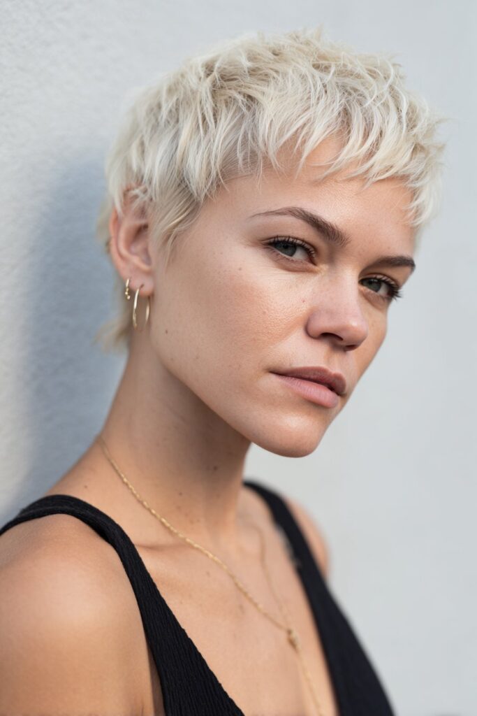 American model with choppy platinum blonde pixie cut, dramatic side-swept bangs, minimal makeup, trendy outfit on white backdrop.