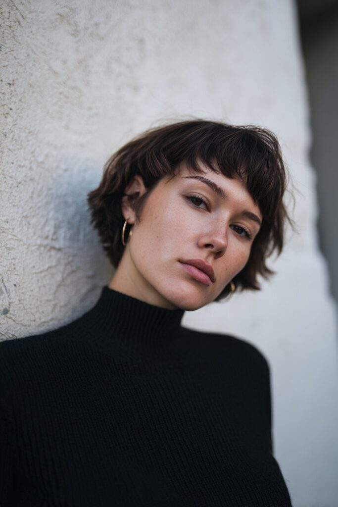 American woman with short choppy platinum shag haircut and baby bangs, edgy modern style, bold outfit against brick.