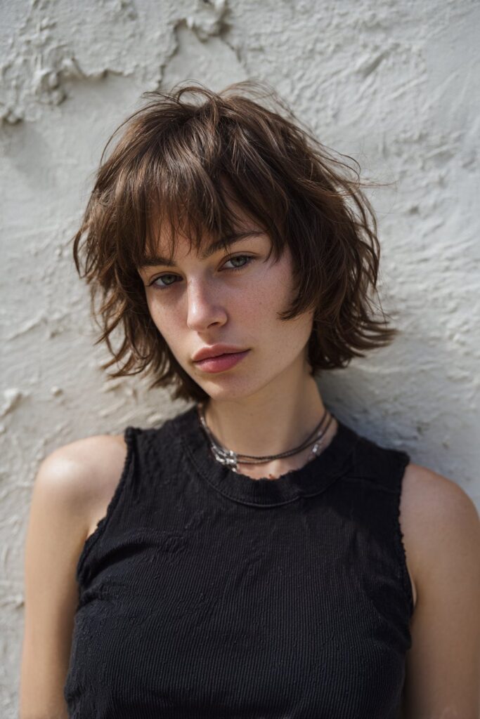 American female model with choppy shag haircut and piecey fringe, natural makeup, casual edgy outfit against textured plaster wall.