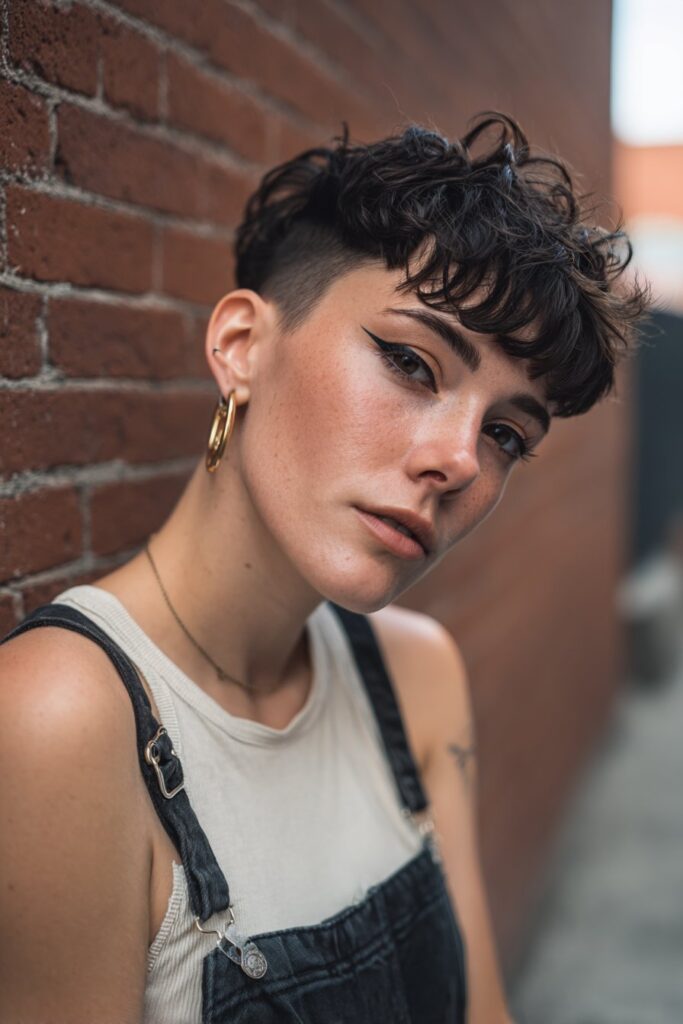 Playful portrait of American model with choppy stacked pixie, edgy fringe, bold eyeliner against brick wall.