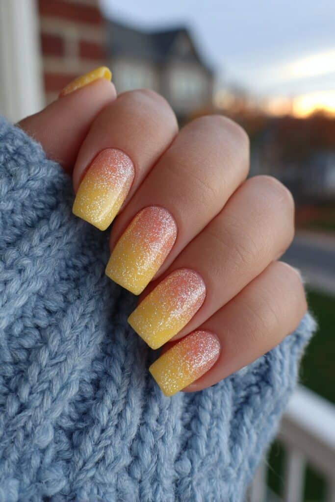 Square nails featuring reflective chrome orange gradient inspired by summer sunset creating radiant and luminous manicure effect.