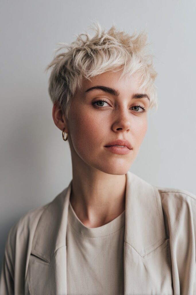 Professional portrait of blonde American woman with short spiky pixie cut wearing neutral outfit against white background.