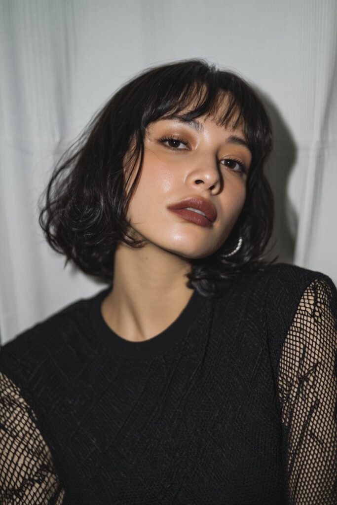 American model with classic jet black emo shag, razor layers, blunt bangs, dark lipstick, fishnet top, white backdrop.