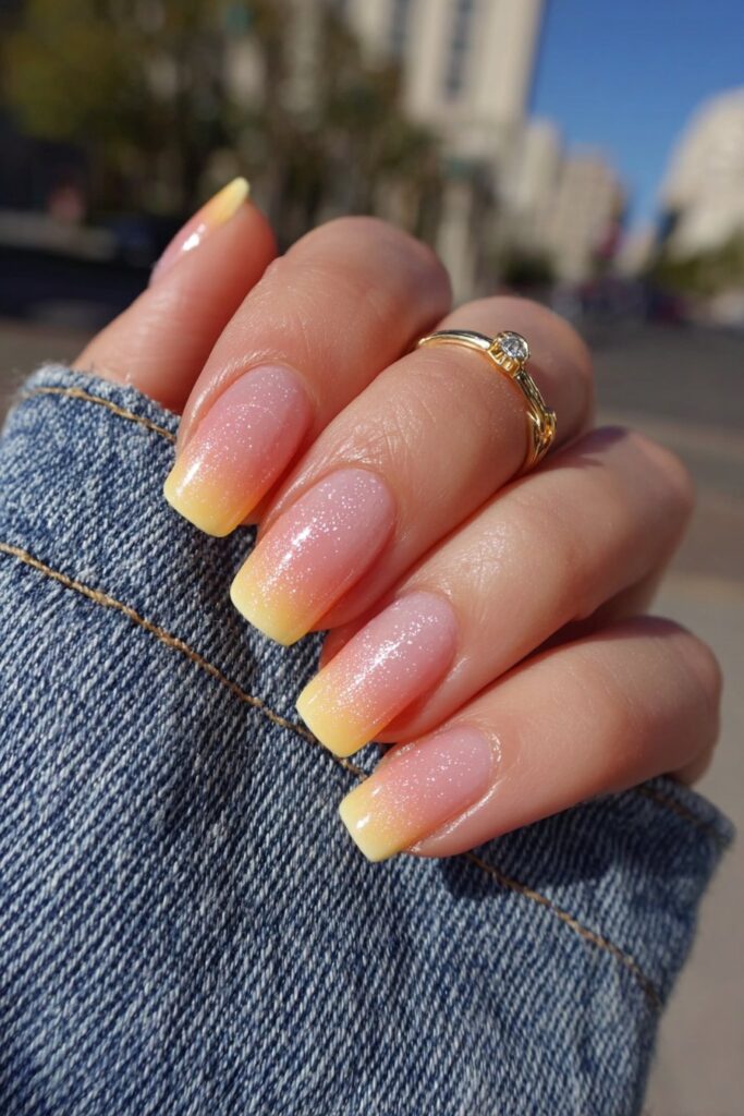Classic orange French tip manicure with sunset-colored tips blended over clear base, elegant timeless summer nail design.