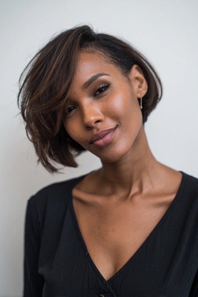 Professional portrait of Black American woman with classic tapered pixie cut, soft makeup, friendly expression against white backdrop.