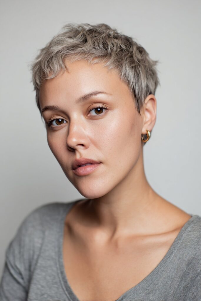 Professional portrait of American woman with classic tapered stacked pixie haircut, minimalist makeup on white backdrop.