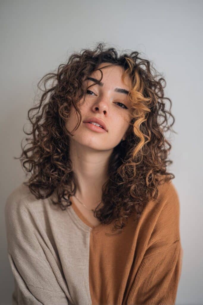 Artistic portrait of American woman with curly hair, color-blocked curtain bangs in contrasting tones on white backdrop.