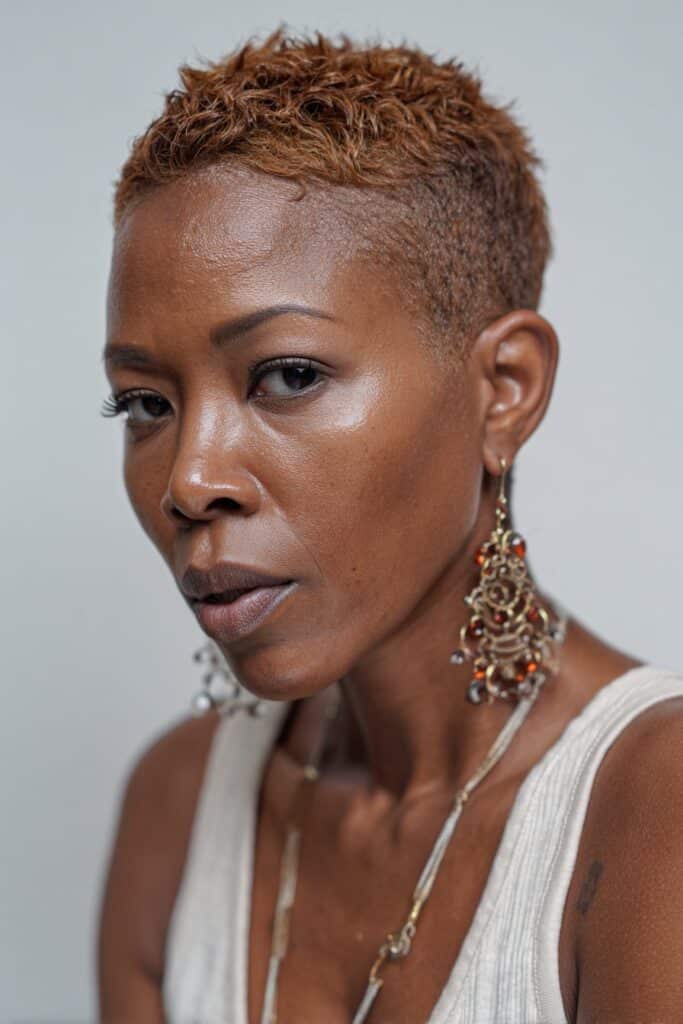 American model with 4C hair pixie cut featuring rich custom color highlights, red copper gold, statement earrings, white backdrop.