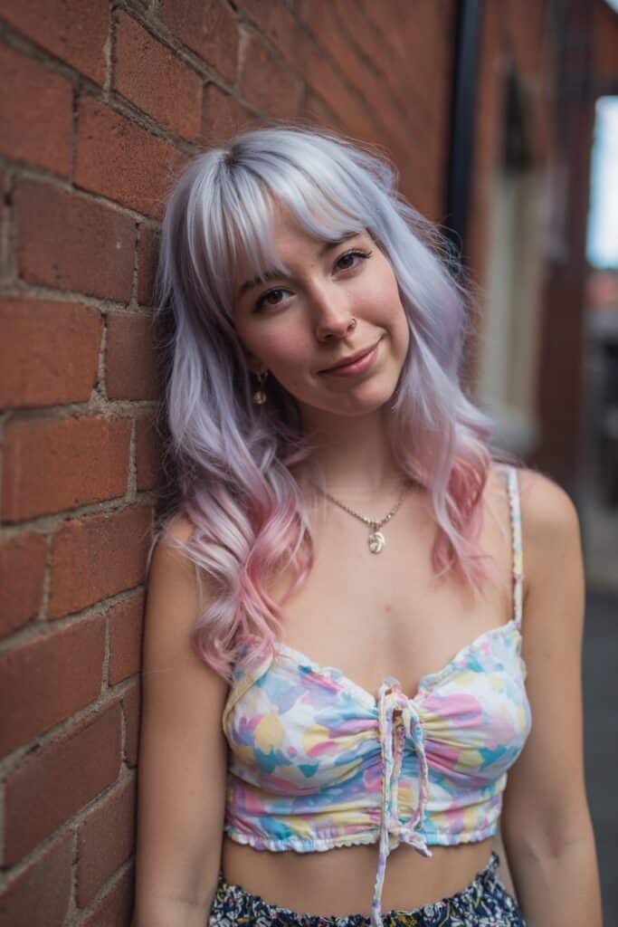 American model with colorful butterfly layers, wispy bangs, pastel pink lavender highlights, casual outfit, brick wall background.