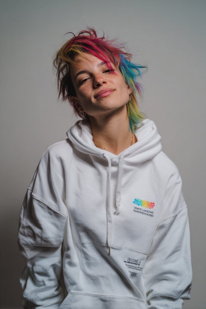 American female model with rainbow "Fruity Pebble" colored shag haircut, stacked layers, cute smirk, oversized hoodie, white backdrop.