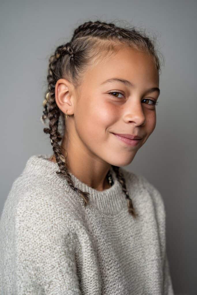 American child model with creative combover cornrow pattern swept to one side, subtle beads, cozy sweater, friendly smile.