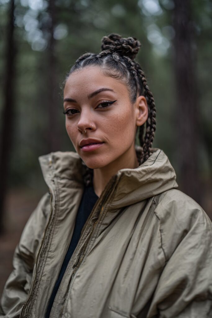 American woman with detailed cornrows, sculpted baby hairs, dramatic eyeliner, edgy concert outfit in forest setting.