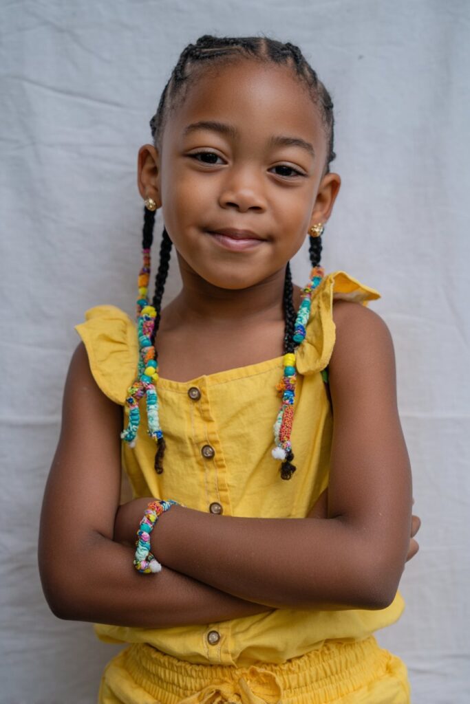 American child with cornrows adorned with colorful beads at ends, wearing bright outfit, cheerful expression against seamless white backdrop.