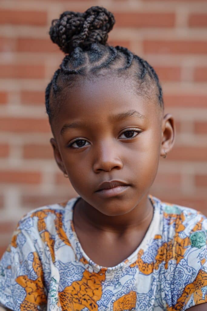 American child with tight cornrows leading to topknot bun, cute expression, wearing vibrant shirt against urban brick wall background.