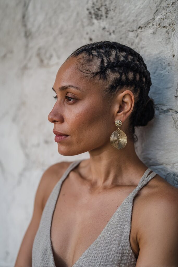 Portrait of American model with criss-cross braiding pattern and statement earrings against textured plaster wall studio backdrop.