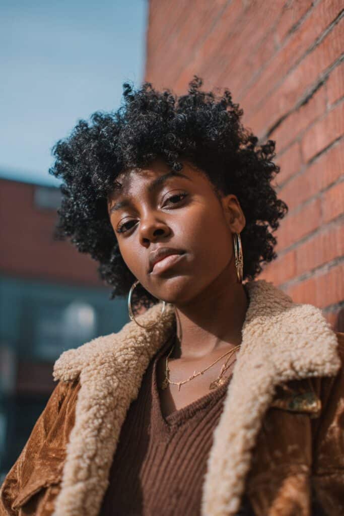 Confident Black woman with dense crochet afro curls and fringe, glossy skin, warm outfit, brick backdrop.