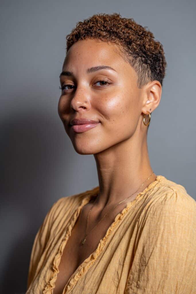American female model with 4C hair in defined curled pixie style, natural glow, warm smile, soft gray fabric background.